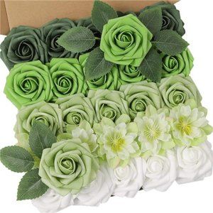 Artificial Flowers Combo Box Set Green Color Foam Fake Roses w Stems DIY Wedding